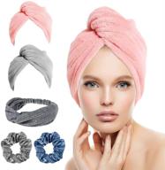 microfiber hair towel wrap turban, 5 pack with hair band 🌪️ & hair scrunchies: quick dry, anti frizz & super absorbent hair drying towels logo