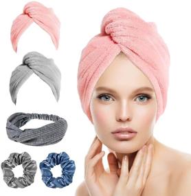 img 4 attached to Microfiber Hair Towel Wrap Turban, 5 Pack With Hair Band 🌪️ & Hair Scrunchies: Quick Dry, Anti Frizz & Super Absorbent Hair Drying Towels