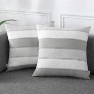 amhoo farmhouse stripe check throw pillow covers set - pack of 2 decorative pillowcases for couch, bench, sofa - cotton linen cushion cover - 18x18inch - light grey beige logo