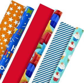 img 4 attached to 🎁 Hallmark Reversible Wrapping Paper Bundle - Kids Birthday with Balloons, Stars, Cupcakes, Blue Stripes, and Solid Red Patterns - 3 Rolls, 75 sq. ft. Total