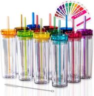 🥤 skinny tumblers 12 colored acrylic tumblers with lids and straws - 16oz double wall clear plastic cups with free straw cleaner & name tags! reusable cup with straw (multicolors, set of 12) logo