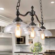 🏡 log barn rustic black metal dining room light fixture: farmhouse chandelier with clear glass shades, adjustable chains - perfect pendant for kitchen island logo