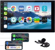 double din car stereo with android auto, bluetooth, carplay, gps navigation, touchscreen media receiver, wifi, mirrorlink, 1080p video, usb sd fm/am/rds tuner, audio player logo