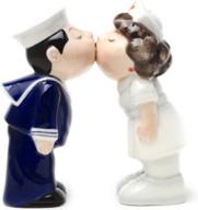 magnetic ceramic salt and pepper shakers: charming nurse and sailor kissing set логотип