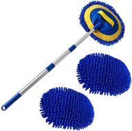 🚘 run star wash brush with long handle aluminum alloy 44 inches, chenille microfiber car wash mop mitt scratch free duster with extension pole, car cleaning supplies kit, 3 pcs mop heads (blue) logo