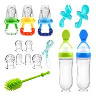🍼 food feeder baby fruit feeder pacifier (3 pcs) with 6 different sized silicone pacifiers + 2 pcs silicone baby food dispensing spoon 90ml + 2 baby spoons + silicone bottle brush + pacifier clip logo