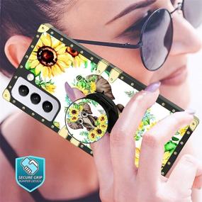 img 2 attached to Sunflower Samsung Galaxy S21 5G Case With Tempered Glass Screen Protector Neck Lanyard Ring Holder Kickstand For Women Girls Flower Floral Square Phone Bumpers With Finger Grip Stand For S21 5G 6