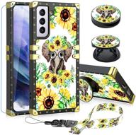 sunflower samsung galaxy s21 5g case with tempered glass screen protector neck lanyard ring holder kickstand for women girls flower floral square phone bumpers with finger grip stand for s21 5g 6 logo