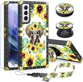 img 4 attached to Sunflower Samsung Galaxy S21 5G Case With Tempered Glass Screen Protector Neck Lanyard Ring Holder Kickstand For Women Girls Flower Floral Square Phone Bumpers With Finger Grip Stand For S21 5G 6