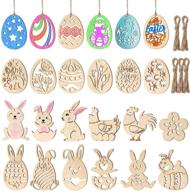 🌸 48 pieces easter crafts wooden ornaments - toyvian unfinished wood egg, bunny, butterfly, and flower shape with drawing pen and cords for diy easter party craft decorations logo