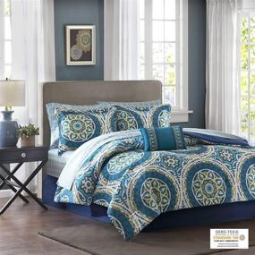 img 2 attached to 🛏️ Madison Park Essentials Cozy Bag Comforter Set, Medallion Damask Design, All Season Down Alternative, Complete Twin Sheet Set with Bed Skirt, Blue (68"x86"), 7 Piece