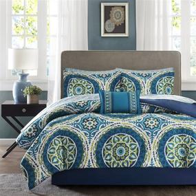 img 4 attached to 🛏️ Madison Park Essentials Cozy Bag Comforter Set, Medallion Damask Design, All Season Down Alternative, Complete Twin Sheet Set with Bed Skirt, Blue (68"x86"), 7 Piece