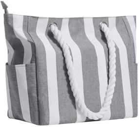 img 4 attached to 👜 Top Zipper Closure Stripe Beach Bag: Large Waterproof Travel Shoulder Bag with Multiple Pockets