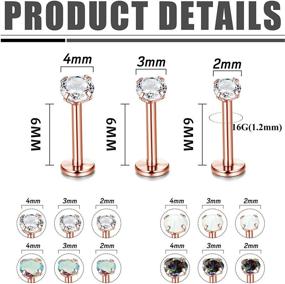 img 3 attached to 💎 TEN MIRO 12PCS 16G Women's Helix Tragus Piercing Set - Stainless Steel Lip Rings, Internally Threaded Labret Studs with Cartilage Clear Cz Opal, Flat Back Earrings for Monroe Medusa Piercing - 2/3/4MM Jewelry Set