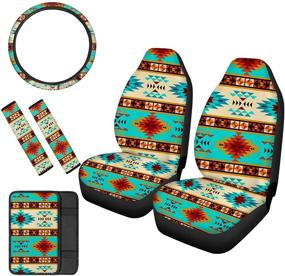 img 4 attached to 🚗 Stylish and Functional Blue Aztec Print Car Seat Cover Set - Includes Steering Wheel Cover, Console Cushion Pad, Seat Belt Cover, Full Set for Interior Decorative Cover - BIGCARJOB