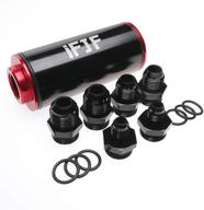 universal inline fuel filter replacement, high flow 50mm diameter with cleanable stainless steel mesh screen - an6 an8 an10 bolts, anodized black and red, 100 micron logo