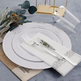 img 1 attached to 200pcs Christmas Plastic Dinnerware Sets - Silver Plastic Plates, Silverware, Cups, Linen Napkins - Disposable Party Flatware, Service for 25 Guests by Supernal