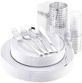 img 4 attached to 200pcs Christmas Plastic Dinnerware Sets - Silver Plastic Plates, Silverware, Cups, Linen Napkins - Disposable Party Flatware, Service for 25 Guests by Supernal