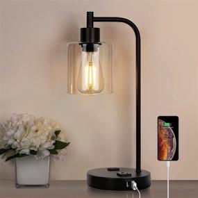 img 4 attached to Enhance Your Bedroom or Office with Qimh Industrial Touch Control Table Lamp - 3-Way Dimmable Bedside Nightstand 🔌 Reading Lamp with 2 USB Ports, 2 AC Outlets, Glass Lampshade, and Light Bulb - Perfect for Bedroom, Office (Black)