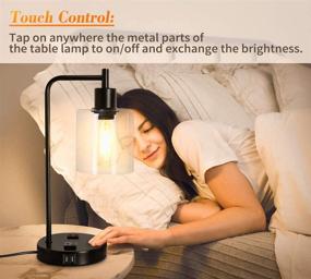 img 1 attached to Enhance Your Bedroom or Office with Qimh Industrial Touch Control Table Lamp - 3-Way Dimmable Bedside Nightstand 🔌 Reading Lamp with 2 USB Ports, 2 AC Outlets, Glass Lampshade, and Light Bulb - Perfect for Bedroom, Office (Black)