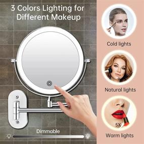 img 2 attached to 💡 8-inch Rechargeable LED Wall Mounted Makeup Vanity Mirror with 3 Color Lights, Double-Sided Bathroom Mirror with 1X/5X Magnification, 360° Swivel Extension Shaving Magnifying Mirror with Light