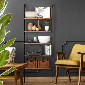 img 1 attached to Modern Stylish Wood Bookcase - IDEALHOUSE 5-Shelf Stand Bookshelf for Home Office, Open Wall Mount Ladder Bookshelf with Sturdy Metal Frame - Retro/Vintage Design