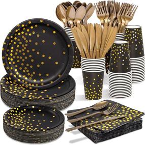 img 4 attached to 🎉 Premium Black & Gold Party Supplies - 350 PCS Disposable Dinnerware Set for Elegant Celebrations and Events - Ideal for Birthday, Graduation, Thanksgiving, Christmas 2022, and New Year's Eve Parties