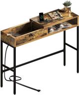 🔌 narrow console table with integrated outlet, storage shelves, and drawer - industrial style long hallway table for entryway, living room, bedroom, kitchen - rustic brown finish logo