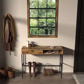 img 2 attached to 🔌 Narrow Console Table with Integrated Outlet, Storage Shelves, and Drawer - Industrial Style Long Hallway Table for Entryway, Living Room, Bedroom, Kitchen - Rustic Brown Finish