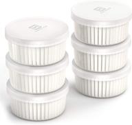 hatrigo porcelain ramekins with silicone storage lids, set of 6 🍽️ white ramekins, 6 oz capacity, oven safe up to 450°f, dishwasher safe logo