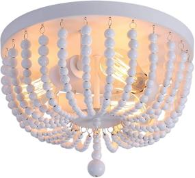 img 4 attached to 🕊️ White Wood Beaded Vintage Boho Chandelier with 3 Lights - Q&S Hallway Bedroom Light Fixture Ceiling Flush Mount for Small Farmhouse, Stairway, Gazebo, Locker, Dining Room