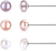 👂 lolalet 3 set freshwater cultured pearl stud earrings: genuine pearls, sterling silver back, white/pink/purple logo