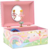 enchanting jewelkeeper girl's musical jewelry storage box: spinning ballerina, rainbow & gold foil design, plays swan lake tune logo