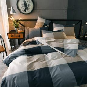 img 2 attached to Queen Size Cotton Grid Plaid Duvet Cover Set - Modern Reversible Checkered Bedding - Full Hotel Quality 3 Piece Duvet Comforter Cover Set - Luxury Zipper Closure Bedding Collection (Comforter NOT Included)