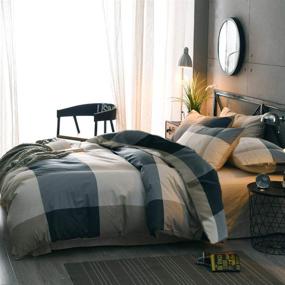 img 1 attached to Queen Size Cotton Grid Plaid Duvet Cover Set - Modern Reversible Checkered Bedding - Full Hotel Quality 3 Piece Duvet Comforter Cover Set - Luxury Zipper Closure Bedding Collection (Comforter NOT Included)