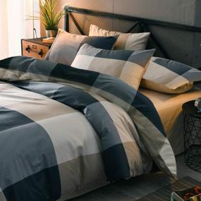 img 3 attached to Queen Size Cotton Grid Plaid Duvet Cover Set - Modern Reversible Checkered Bedding - Full Hotel Quality 3 Piece Duvet Comforter Cover Set - Luxury Zipper Closure Bedding Collection (Comforter NOT Included)