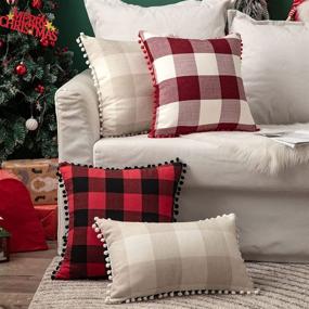 img 1 attached to 🎄 Стильный набор из 2-х подушечных чехлов MIULEE в ретро-стиле с буффало клетчатым узором: праздничное украшение с помпонами для Рождественского дивана.