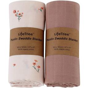 img 4 attached to LifeTree Organic Cotton Baby Swaddle Blanket: Large Muslin Wrap for Newborns, Solid Color/Flower Print, 47x47 inches