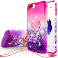 📱 soga liquid quicksand rhinestone phone case for iphone 8 plus/7 plus - pink on purple | cute cover with metal diamond ring stand, lanyard & magnetic car mount compatibility logo