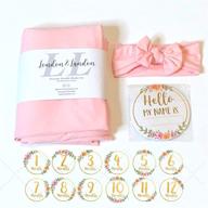 🎀 girl baby swaddle blanket set with headband, 13 milestone stickers, memory newborn bundle head bow, welcome home receiving infant month wrap 48"x48", newborn photography background prop - blush pink логотип