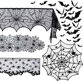 img 4 attached to 🕷️ 5-Pack Halloween Spider Decorations Set: Fireplace Mantel Scarf, Round Table Cover, Lace Table Runner, Cobweb Lampshade, and 60 Pcs Scary 3D Bat for Halloween Party Décor