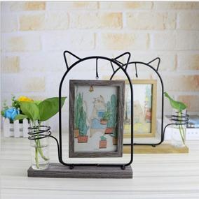 img 4 attached to 🐱 Leoyoubei Black Metal Cat Double-sided Picture Frame for 4x6 inch vertical pictures with Glass Front and Hydroponics Glass Vase - Gray