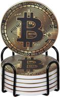 bridgemore ceramic bitcoin coin coasters for drinks - set of 6 bitcoin-themed coasters with holder - ideal bitcoin gift or housewarming present for new home - absorbent & stylish logo