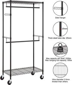 img 3 attached to 👕 Finnhomy Heavy Duty Rolling Garment Rack: Portable Double Hanger Rods and Shelves for 300Lbs, Black