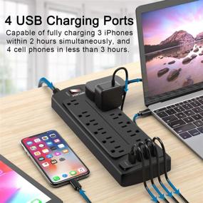 img 2 attached to POWLIGHT Surge Protector Power Strip - 8 Ft Extension Cord with 12 AC Outlets, 4 USB Ports, 1875W/15A, 2100 Joules - Ideal for Smartphone, Tablets, Home, Office, Hotel - Black