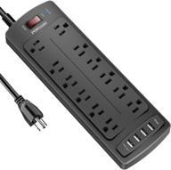 powlight surge protector power strip - 8 ft extension cord with 12 ac outlets, 4 usb ports, 1875w/15a, 2100 joules - ideal for smartphone, tablets, home, office, hotel - black логотип