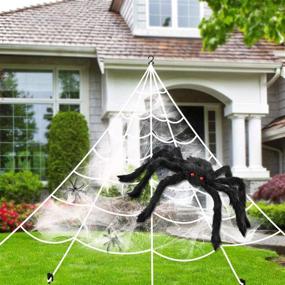 img 4 attached to 🕷️ Outdoor Halloween Decorations: Mega Spider Web Triangular Graveyard Décor Set, Stretch Cobweb, Scary Props Shooter with Black Spider