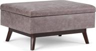 simplihome owen 34-inch rectangular coffee table with lift top storage ottoman, cocktail footrest stool in upholstered distressed grey taupe faux air leather, mid-century modern style for living room логотип