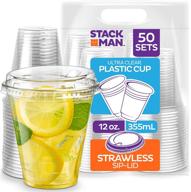 🥤 convenient stack man 12 oz clear cups with sip-lids, [50 sets] for easy drinking - pet crystal clear disposable 12oz plastic cups with lids logo
