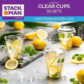 img 1 attached to 🥤 Convenient Stack Man 12 oz Clear Cups with Sip-Lids, [50 Sets] for Easy Drinking - PET Crystal Clear Disposable 12oz Plastic Cups with Lids